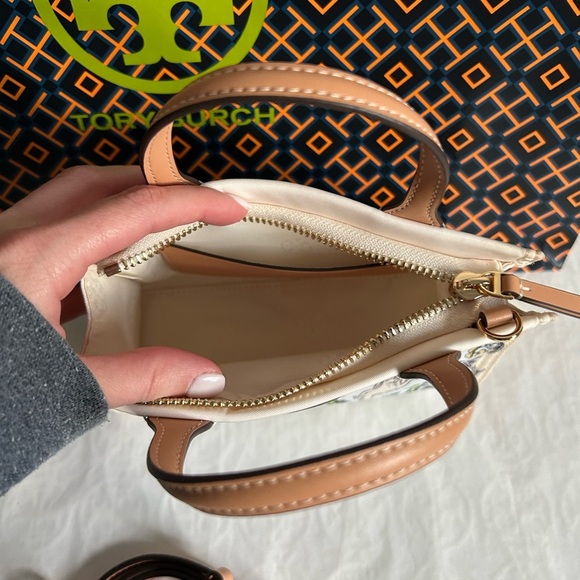 Tory Burch Ella Printed Nylon Mini Tote Bag Crossbody Meadow Gold Green Cream - Picture 7 of 9